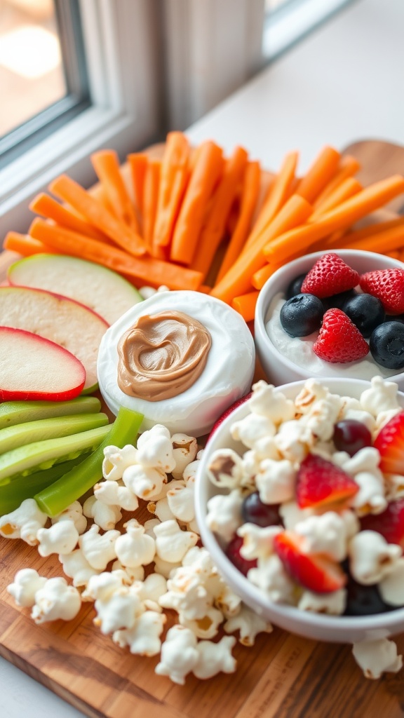 A wooden platter filled with healthy snacks: carrot sticks, apple slices with almond butter, Greek yogurt with berries, and air-popped popcorn.
